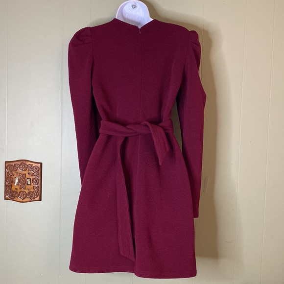 Mink Pink MP/C Textured V Mock Wrap Tie Belt Puff Sleeve Maroon Sheath Dress Sm - Picture 6 of 16